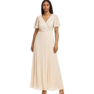 DKNY Chiffon Gown Sequin Embellished Pleated Vanilla Ivory Size 14 Maxi